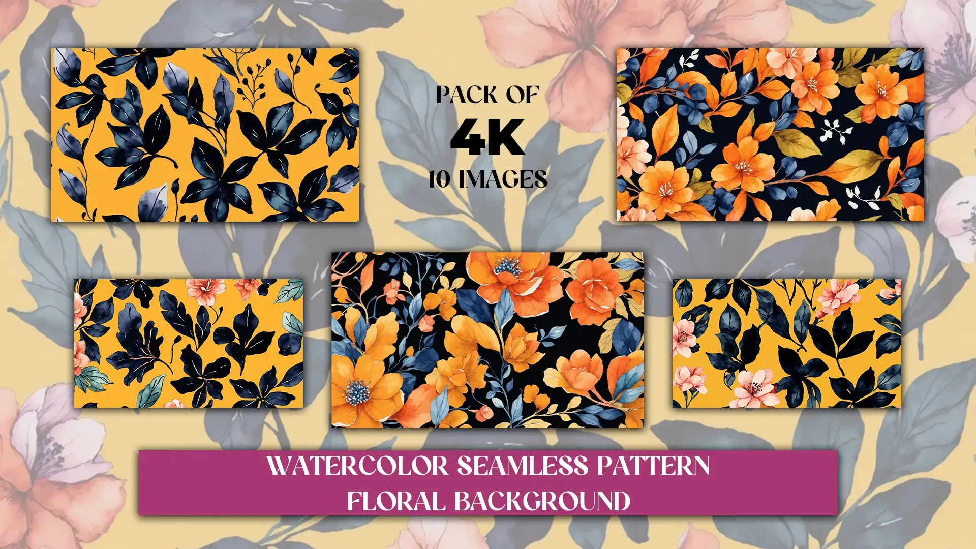 Colorful Watercolor Floral Patterns Seamless Botanical Background Pack